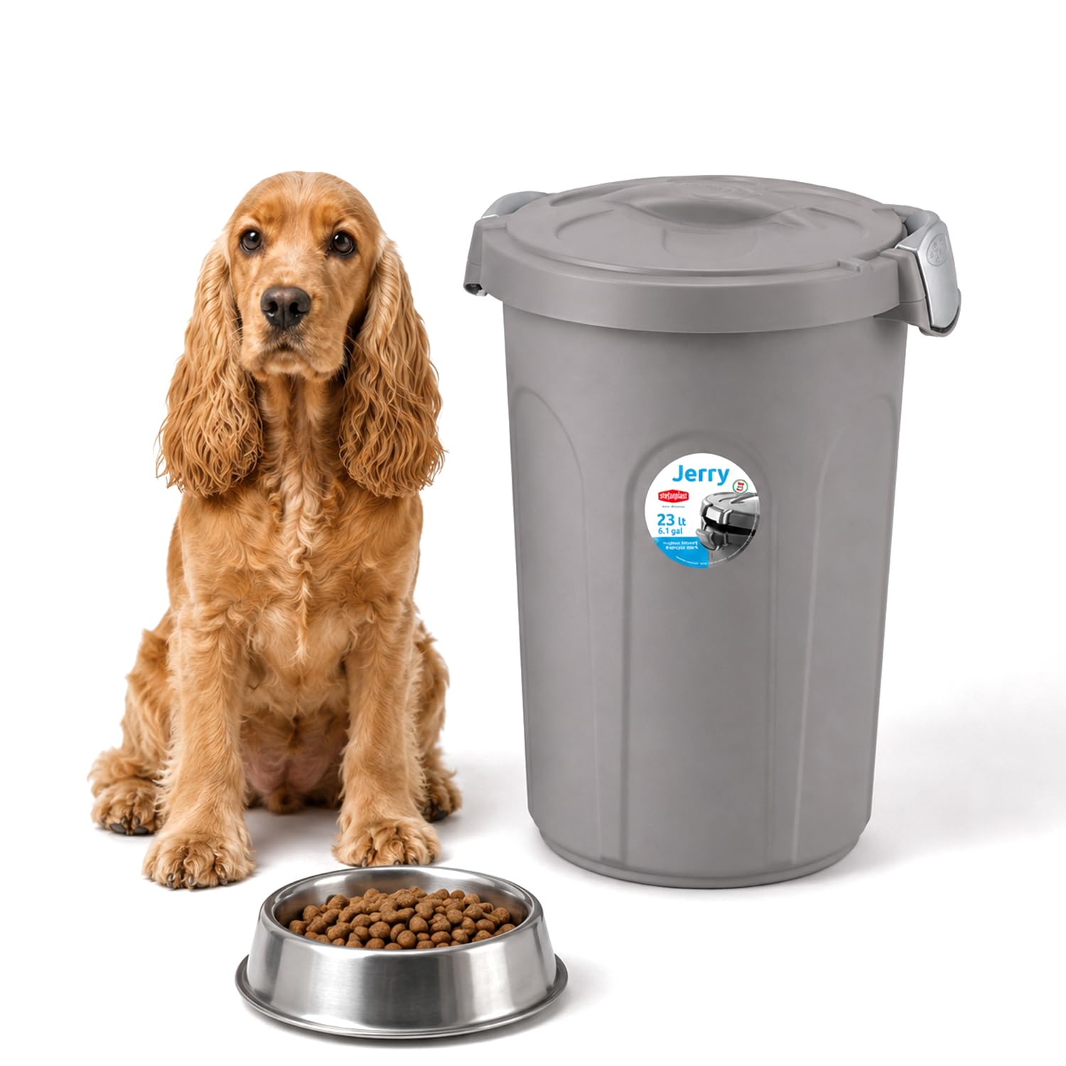 Home Centre Grey Pet Food Storage Container 23L, Airtight Clip-On Lid,