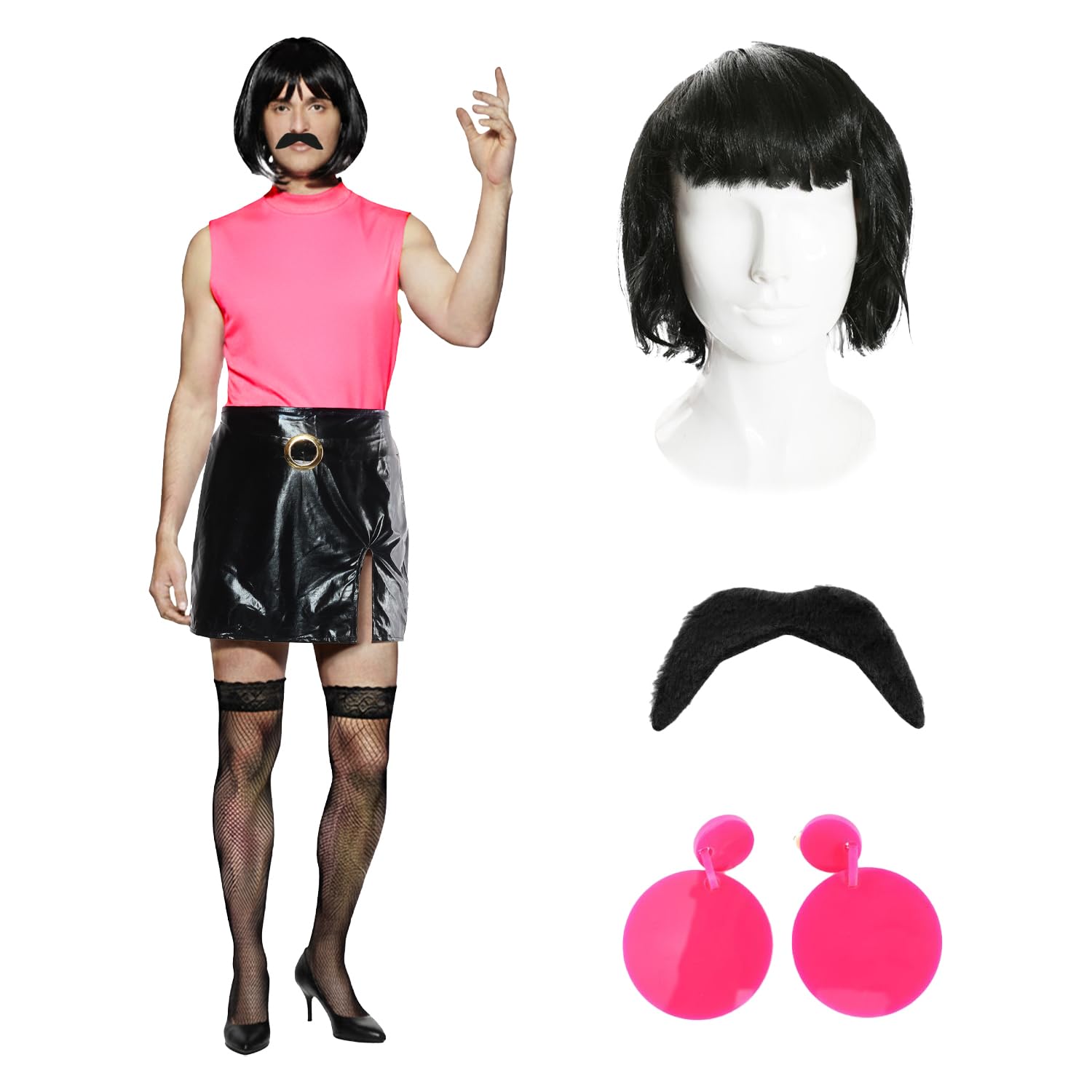 LOVETRENDS Adults Rock Queen Housewife Costume - Medium - Hot Pink Sleeveless Top, Black Skirt, Bob Wig, Stockings, Clip-on Earrings, Moustache - Mens 80s Music Icon Funny Stag Do Fancy Dress Costume