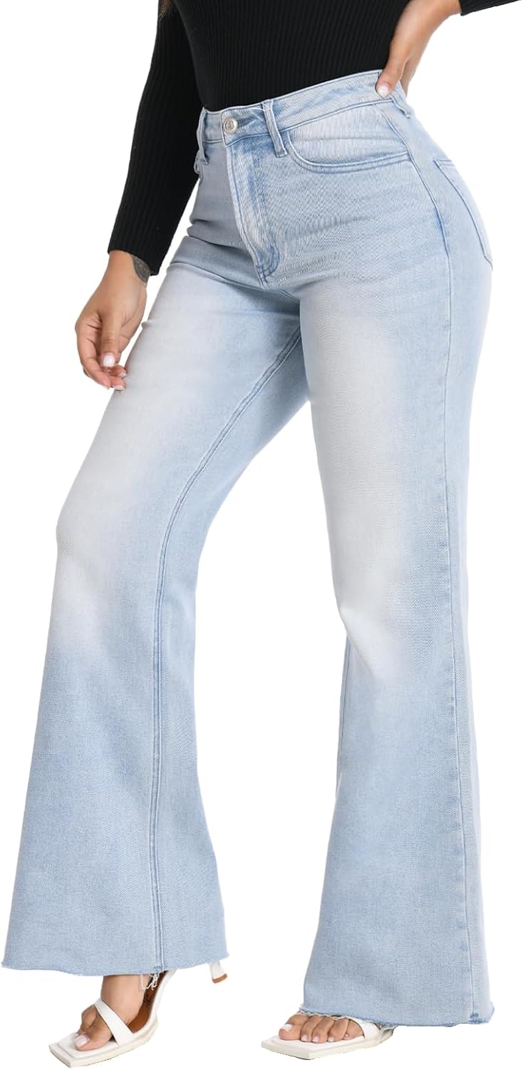 ONESO Wide Leg Jeans for Women High Waisted Stretchy Baggy Jeans BBL Loose Fit Tummy Control Denim Pants Raw Hem Casual