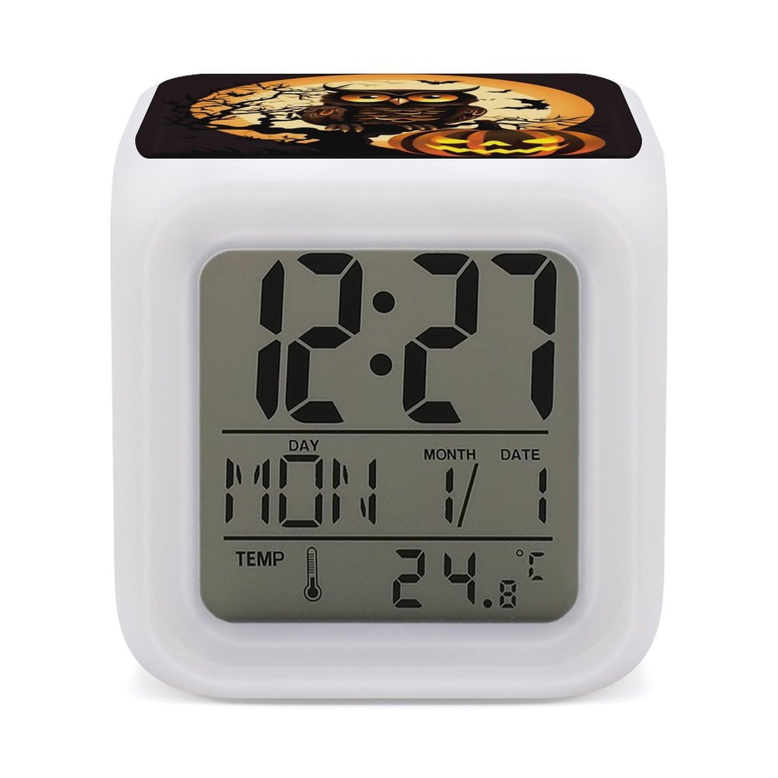 VstaDank Black Tree Owl Pumpkin Head Alarm Clock Sleep Trainer 7 Color Changing Night Light Modern Touch Bedside Lamp Fashion Digital Clock with Temperature Display Wake Clocks for Loud Alarm