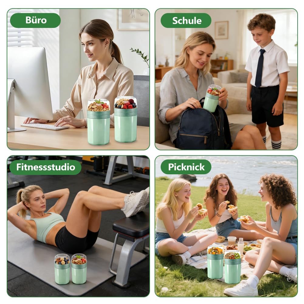 2er Müslibecher To Go Auslaufsicher mit Löffel & Soßenbox, 520+50+250ml Joghurtbecher aus BPA-freiem PP, Spülmaschinengeeignet für Arbeit, Schule & Picknick (mit Reinigungsbürste)