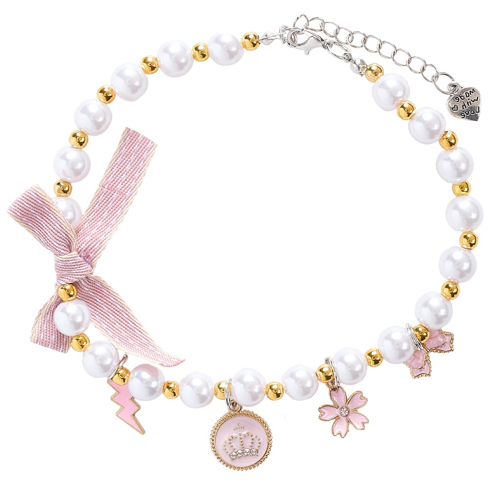 CREATCABIN Pink Bow Pet Pearl Necklace Collar Adjustable Pet Jewelry Accessories Pearl Collar Cat Dog Choker Necklace for Pet Daily Wear Party Clothes