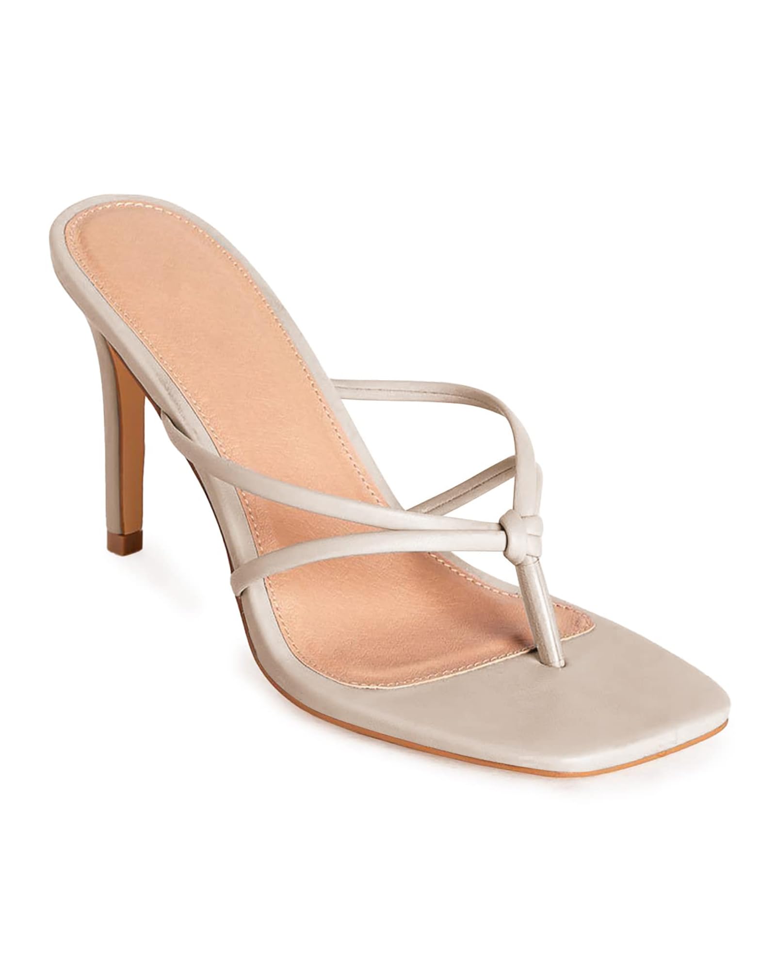 Photo 1 of Coutgo Womens Heeled Sandals Strappy Square Toe Flip Flops Fashion Thong Slip on Stiletto Sandals, Beige, Size 7