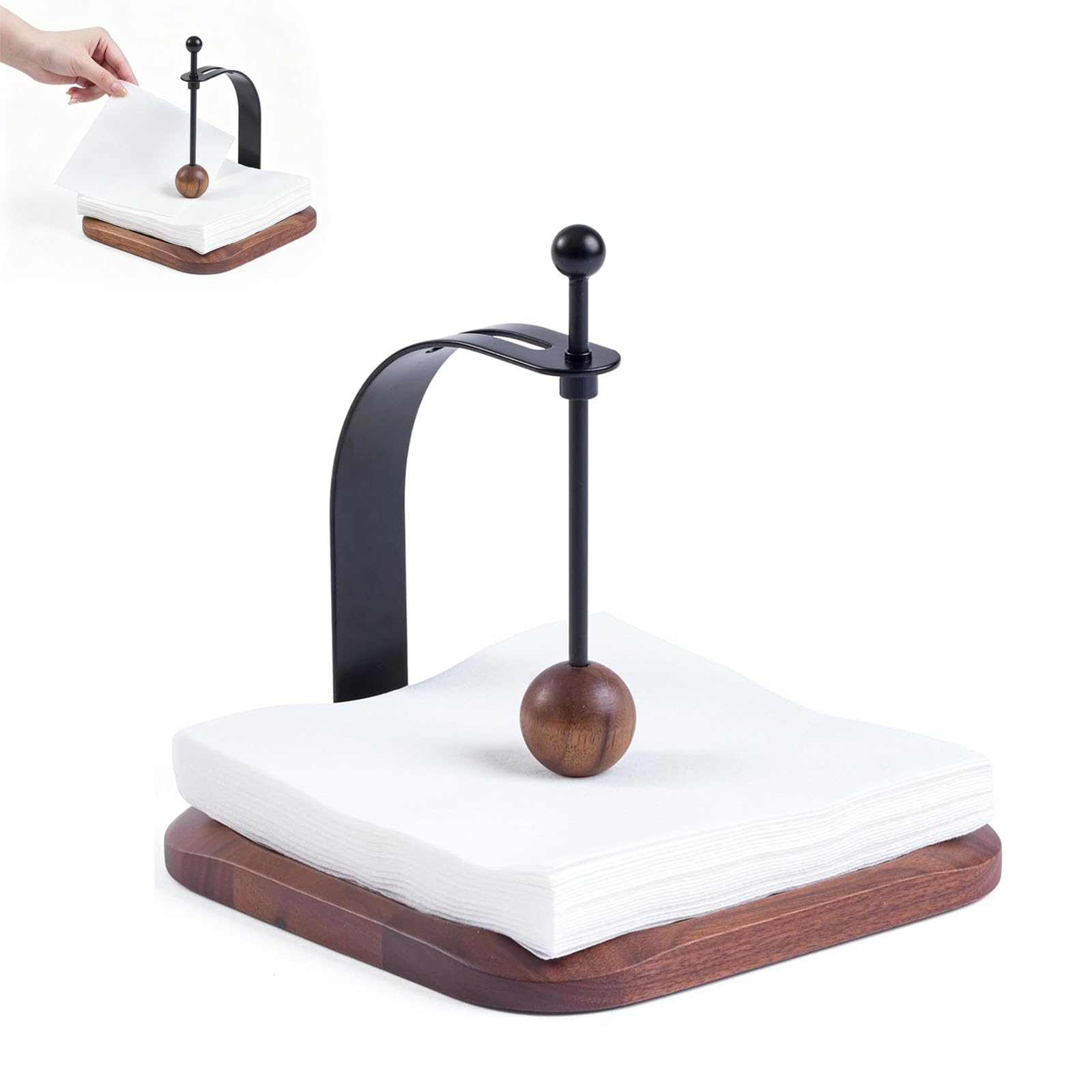 Wood Napkin Holder, Square Tabletop Napkin Dispenser with Sophisticatedly Metal Cocktail Napkin Holder for Kitchen，Home, Office, Cafe, Bar,Restaurant, Hotel,Washroom. (Black Walnut Wood)