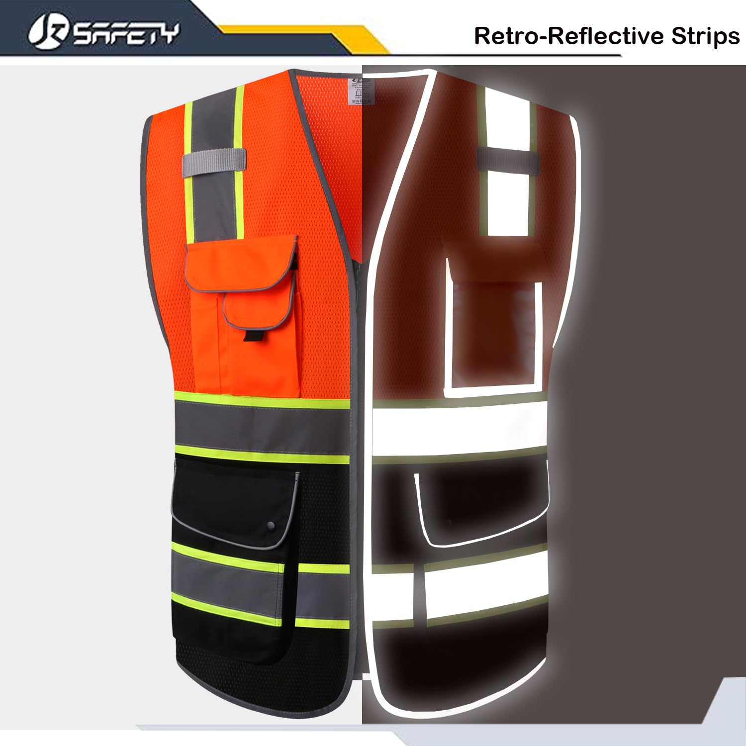 JKSafety Gilet de sécurité avec fermeture éclair avant avec 9 poches, classe 2, avec bandes réfléchissantes, conforme aux normes ANSI/ISEA.