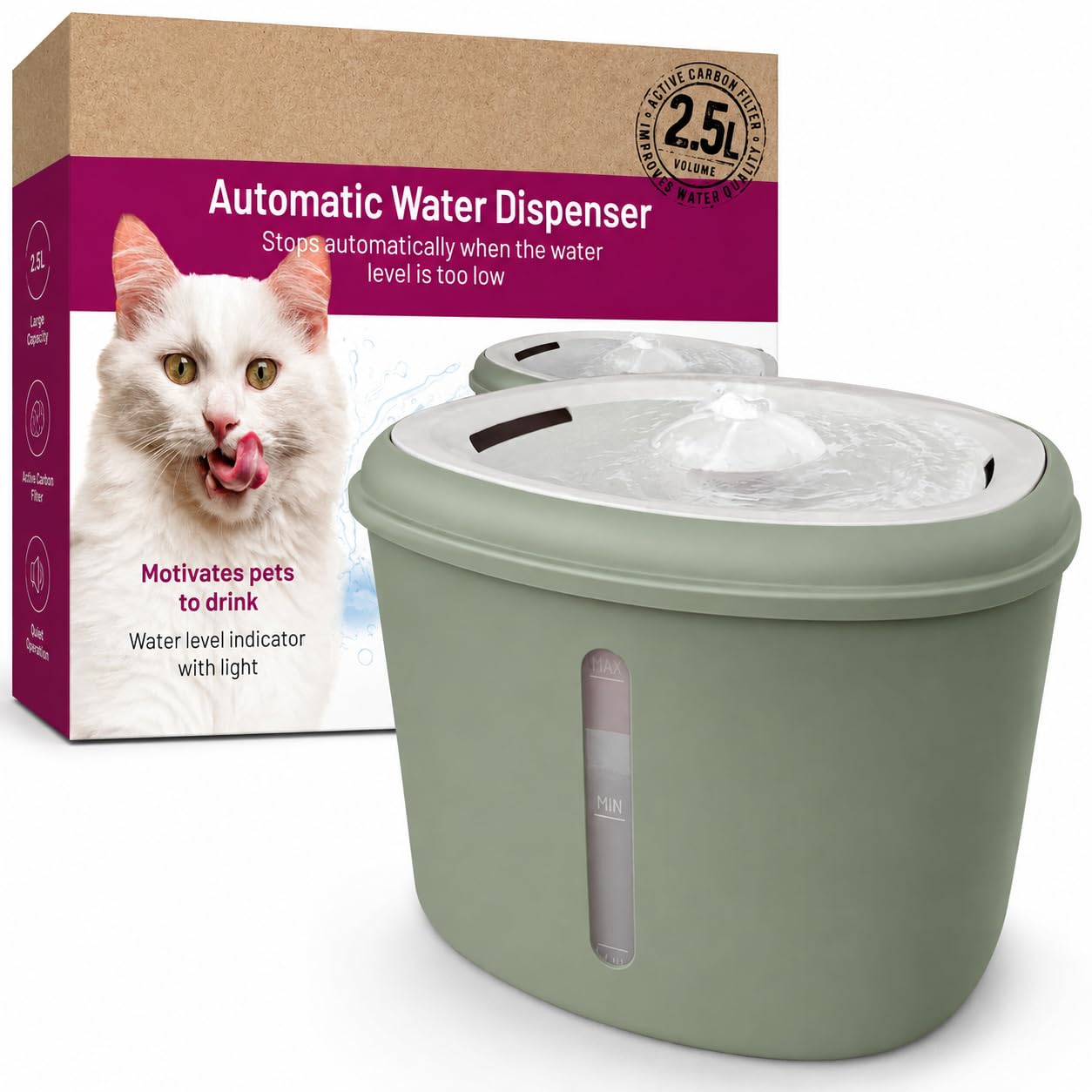 Fontana per Gatti e Cani 2,5 L con Filtro a Carbone Attivo Verde | Indicatore Livello Acqua, Funzionamento Silenzioso, 3 Filtri di Ricambio, Luce Indicatore, Dispenser Automatico