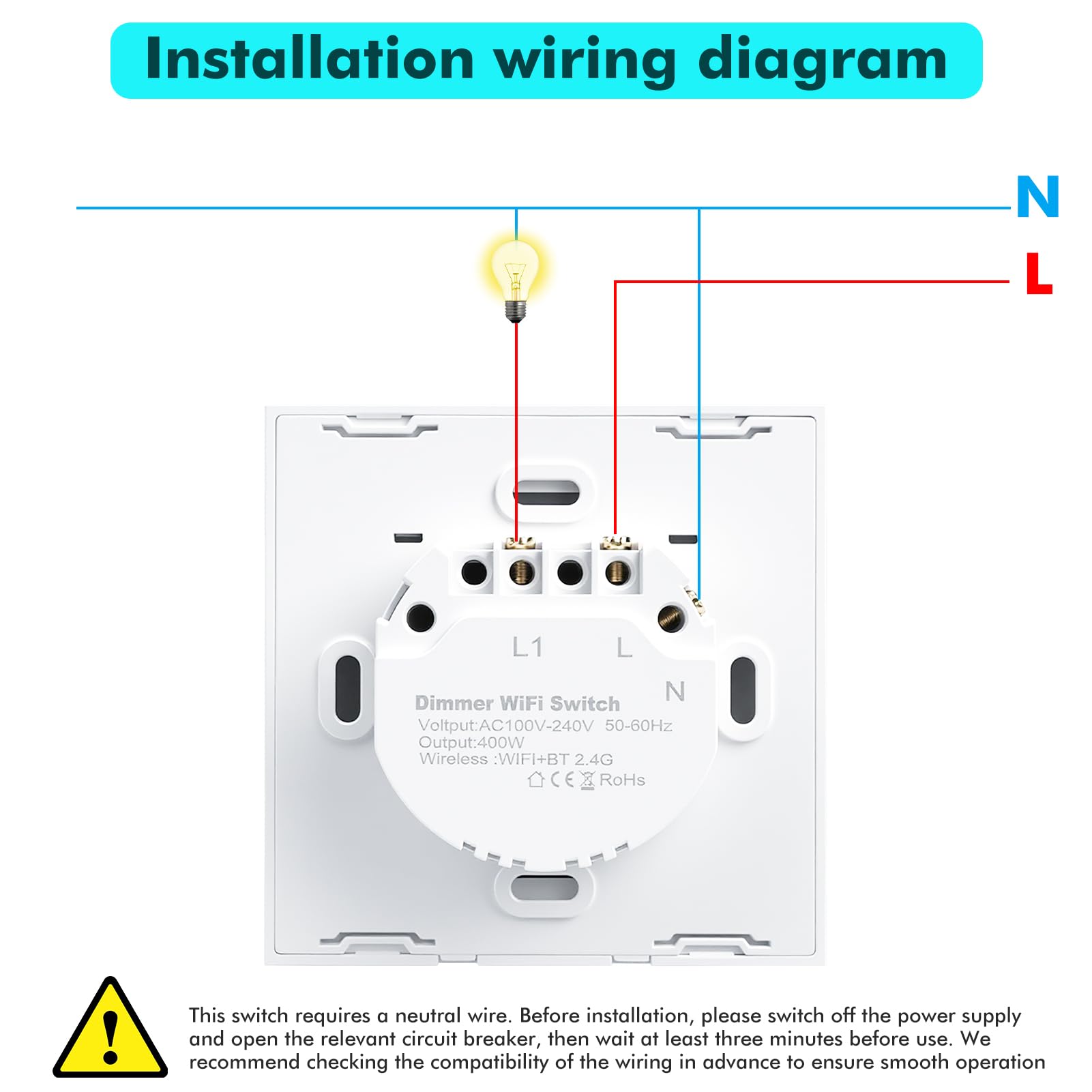 WIFI Dimmer Lichtschalter Wlan Smart Unterputz Glas Touch Screen Dimmer für LED Lampen Lichtschalter Weiß 100-240V 2.4GHz Smartphone Steuerung fuer Smartlife Alexa tuya Neutralleiter Wird Benötigt