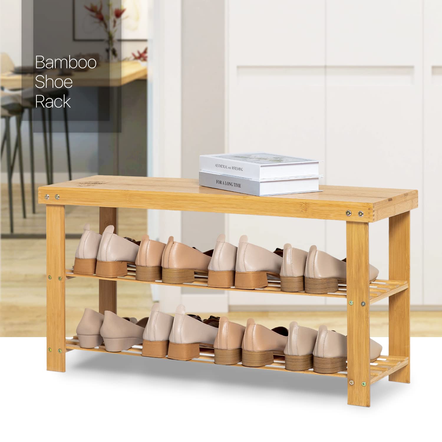 3 Tier Bamboo Shoe Bench, Entryway Shoe Rack Organizer, Bamboo Bench with Shelves Flower Stand for Bedroom Living Room Kitchen Hallway, 33.8
