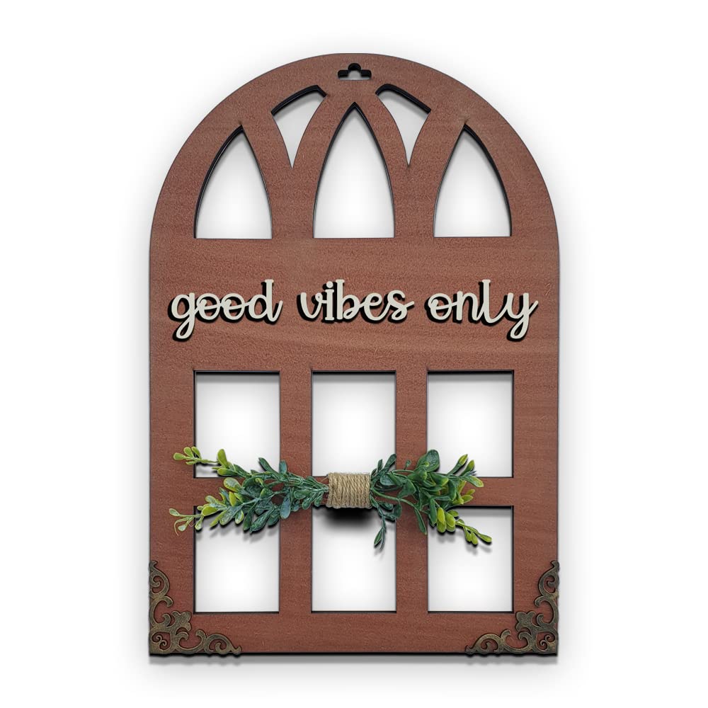 Chalk My Theme 3D Laser Cut Letters Good Vibes Only Wall Décor In Window Style With Leaves Wooden Wall Or Door Decor For Home- Brown