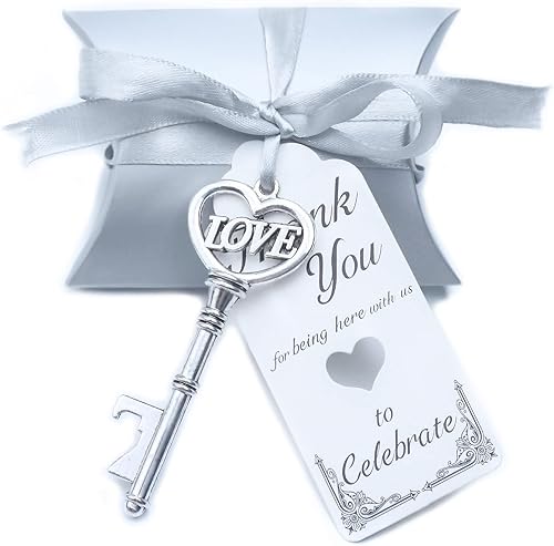 Juego de 100 abridores de botellas con llave de esqueleto, recuerdos de fiesta de boda, caja de caramelos, tarjeta de regalo de acompañante vintage