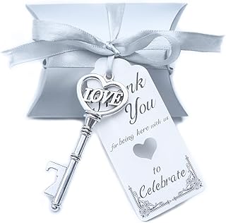 Aokbean 50 pcs Vintage Skeleton Love Key Bottle Openers Pillow Candy Box Escort Thank You Tag French Ribbon Wedding Souvenir Gift for Guest (Antique Silver)