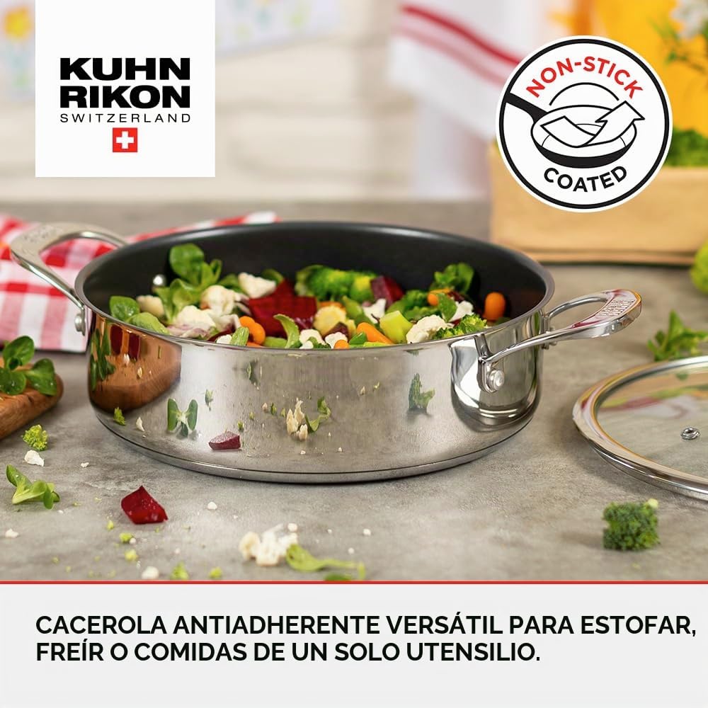 Kuhn Rikon Cacerola Allround 3L/24cm con revestimiento, Asas Frias, Tapa de cristal con Salida de Vapor, Olla de Acero inoxidable 18/10 con Triple Capa de Antiadherente, Apta para Inducción