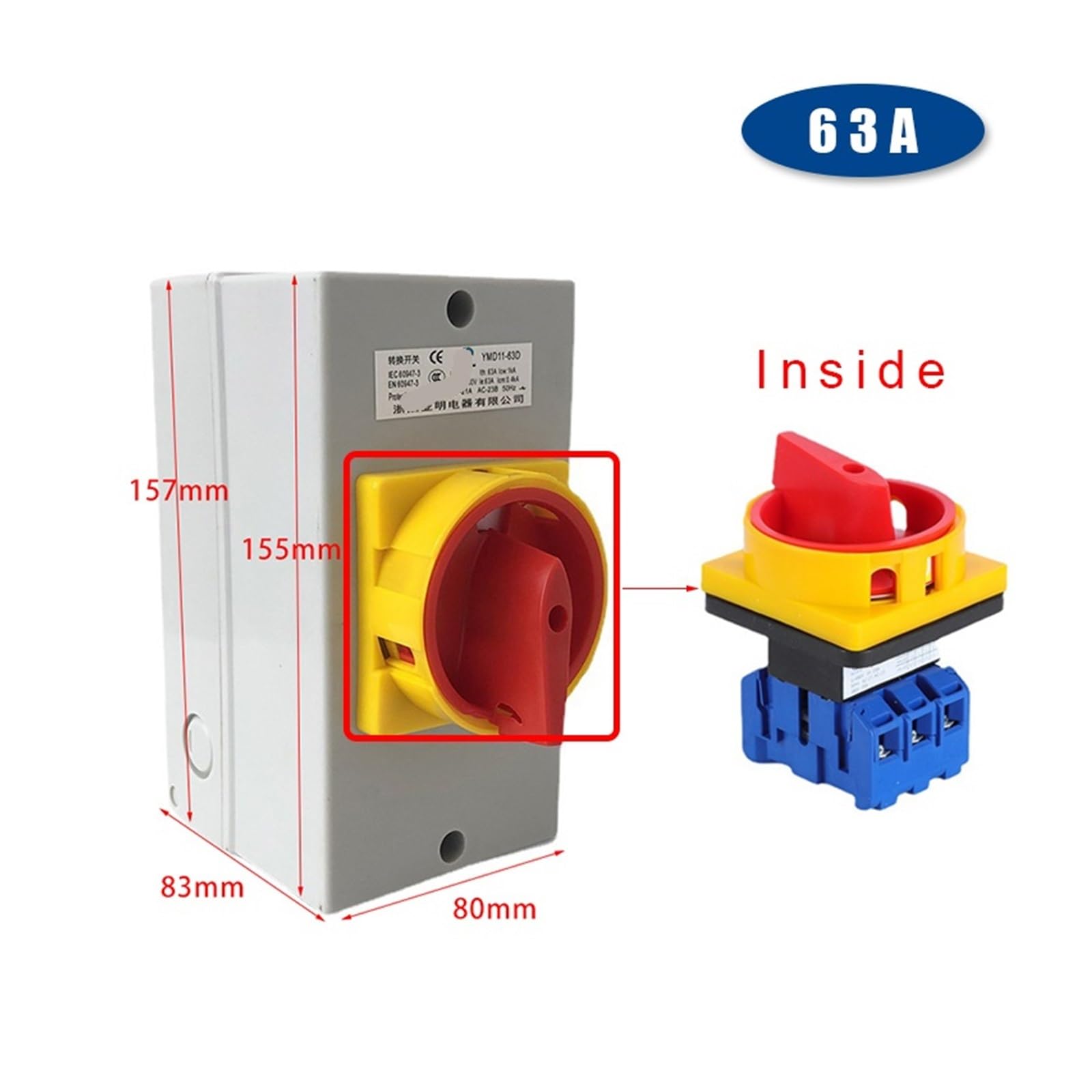 TSIOHKBS YMD11-63D ON-Off Two Positions Isolator Disconnect Switch 63A 3P Padlock Cam Changeover with IP65 Box Enclosure (White Base 3P)