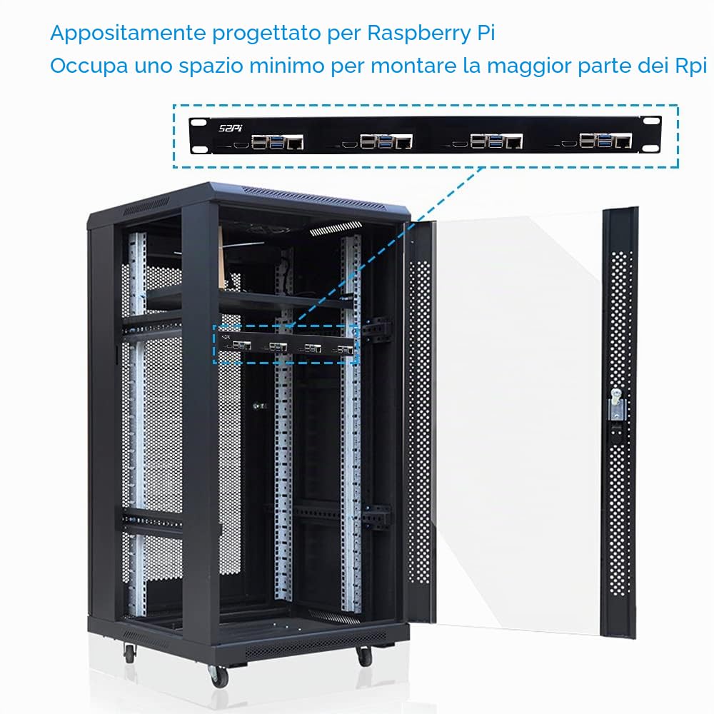GeeekPi Kit rack 1U per Raspberry Pi 4B, 19", 1U, supporta 1-4 unità con 4 ventole Raspberry Pi, dissipatore di calore, micro HDMI a schede HDMI, scheda TF a FPC per Raspberry Pi 4B