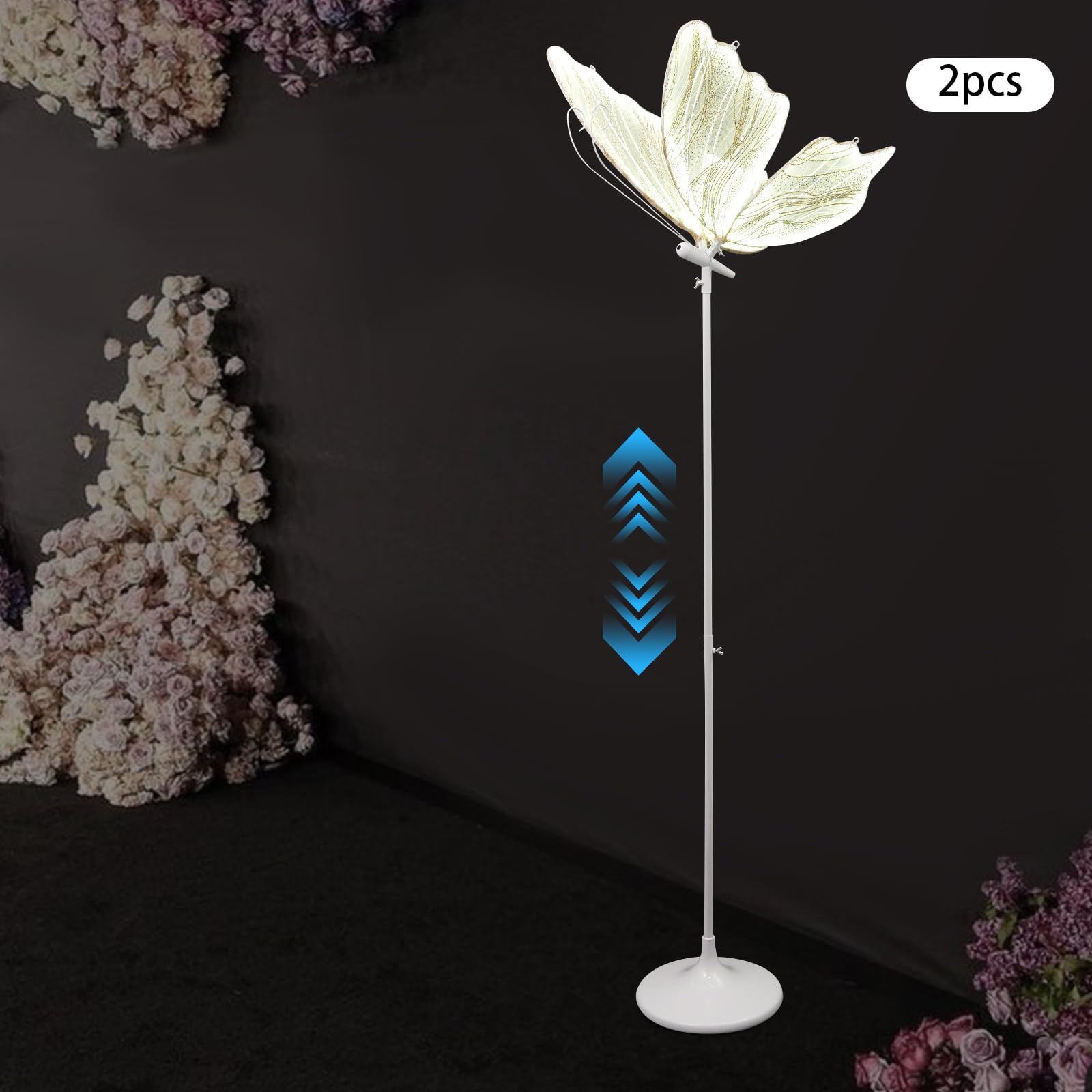 banborba Wedding Butterfly Floor Lamp, Creative Butterfly Ceiling Light, Adjustable Height LED Butterflys Lights, Romantic Hanging Decoration Props for Wedding Party Events - 2Pcs/White Light