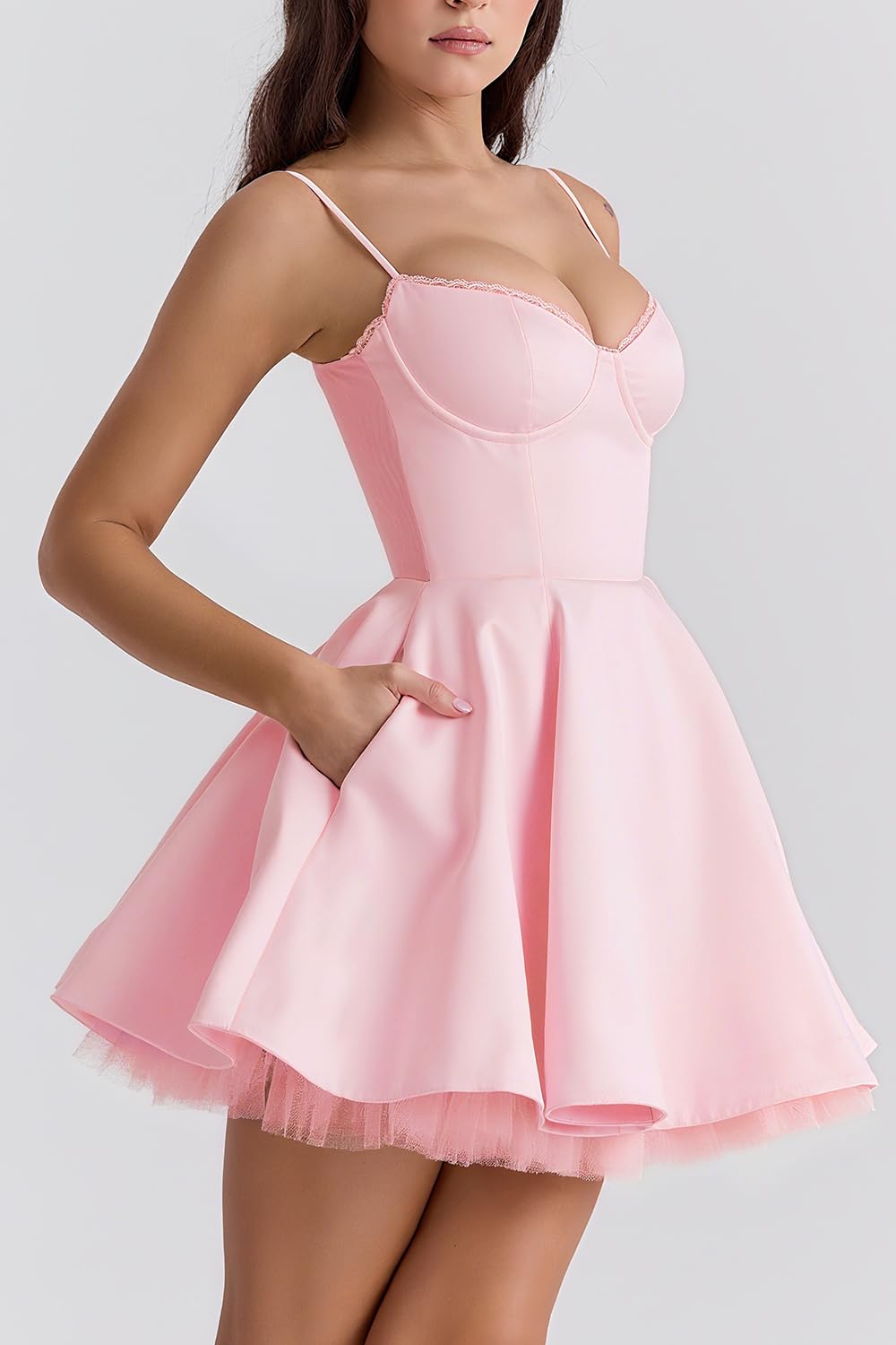 Segreto Vestido corto para mujer, corte bajo, espagueti, vestido de fiesta, cóctel, vestido de encaje, vestido informal, vestido acampanado