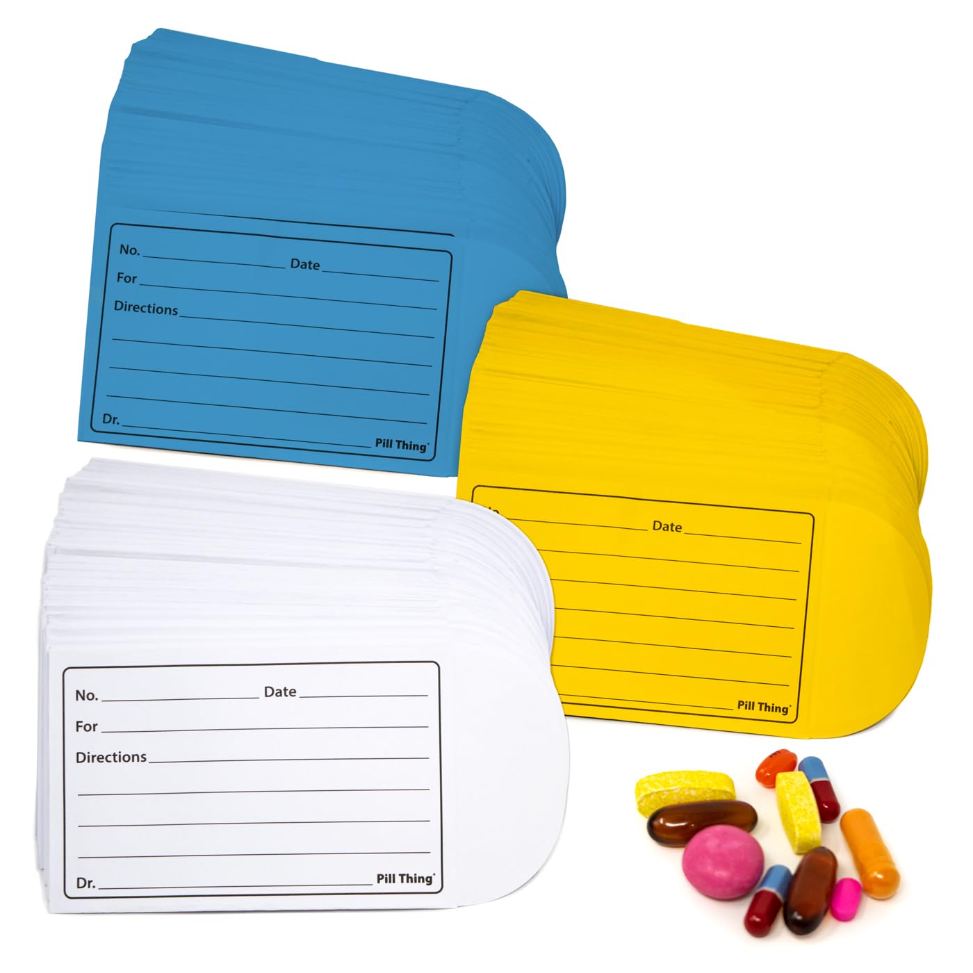 Peel and Seal Printed Pill Envelopes, 3.5" x 2.5", Easy-to-Fill Design, Secure Resealable Closure, Fits Various Medication Sizes (White/Blue/Yellow,