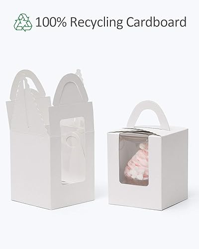 Miniatura 5 de qiqee 60pcs Cupcake Cajas Individual Desechable Blanco Caja Individual con Ventana 3.6 * 3.6 * 4.3 Pulgadas Cupcake ContenedoresTitulares