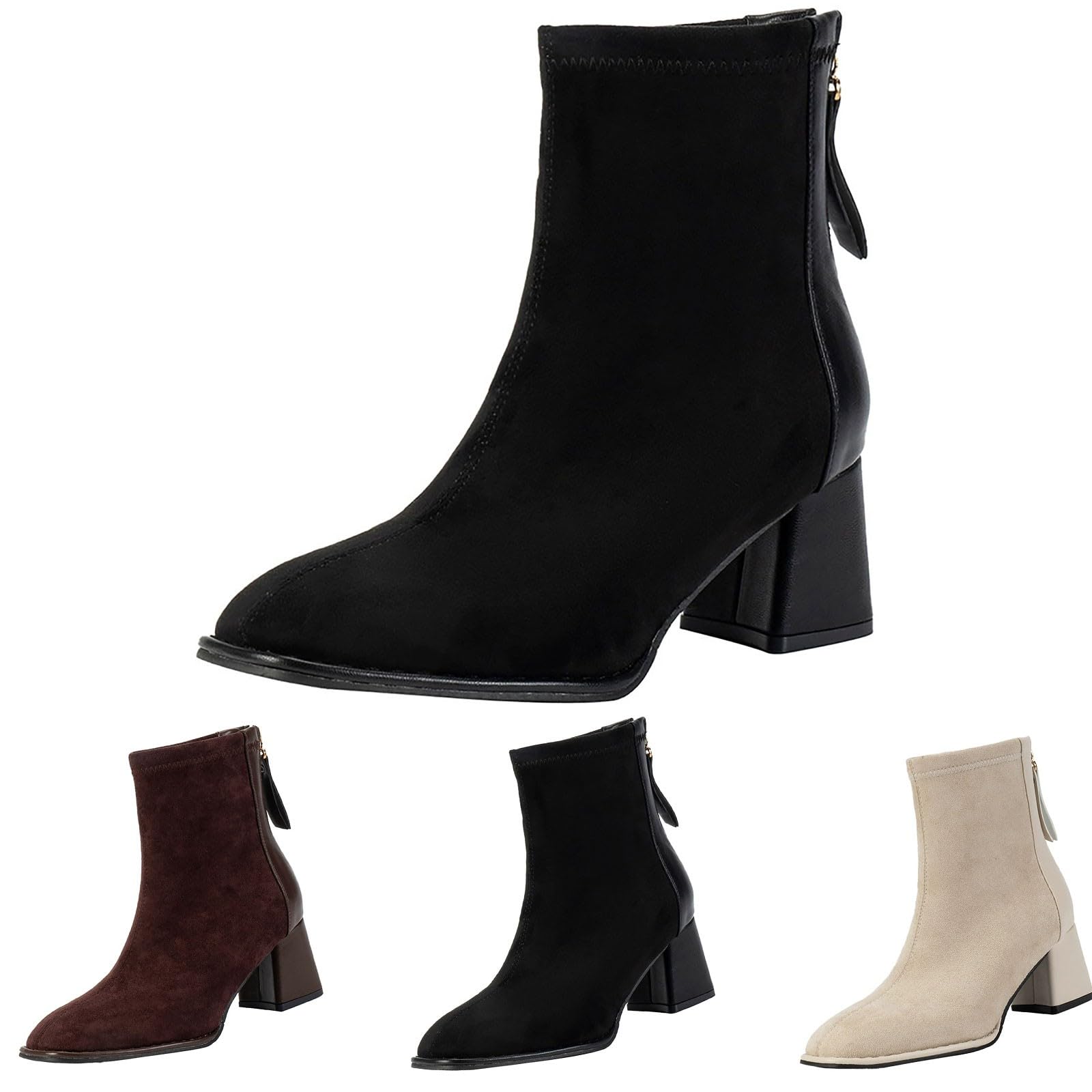 Cocila Botas De Terciopelo Con Punta Puntiaguda Y Tacón Grueso Para Mujer Cremallera Trasera Botines Altos Estilo Moteras Agua Media Caña Piel Marrones Tacon Fino Bajo Barefoot Altas Boots
