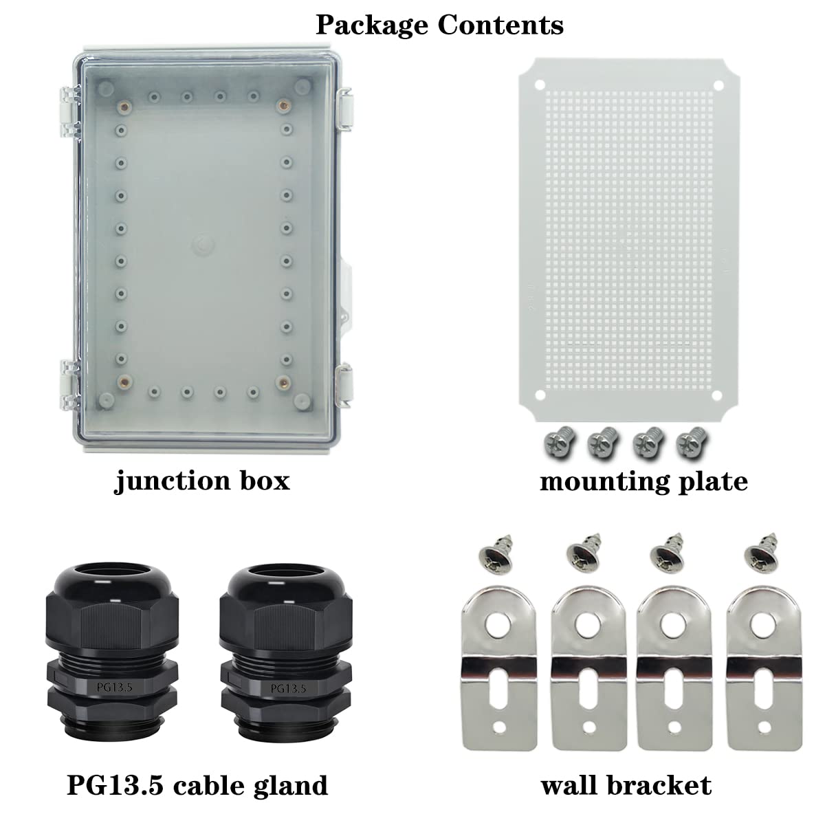 Zulkit Junction Box IP67 Waterproof Electrical Box Hinged Clear Cover Stainless Steel Latch Plastic Enclosure for Project w Mounting Plate Wall Bracket and 2 Cable Gland 11"x7.5"x5.5"/280x190x140mm