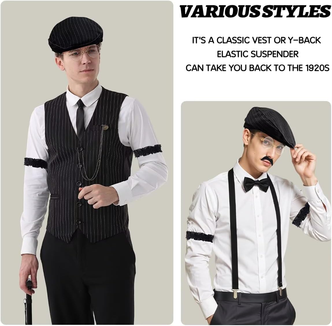 1920s Mens Costume Roaring 20s Costumes Accessories Set 1920s Vest Suspenders Hat Pocket Watch Tie - Image 2