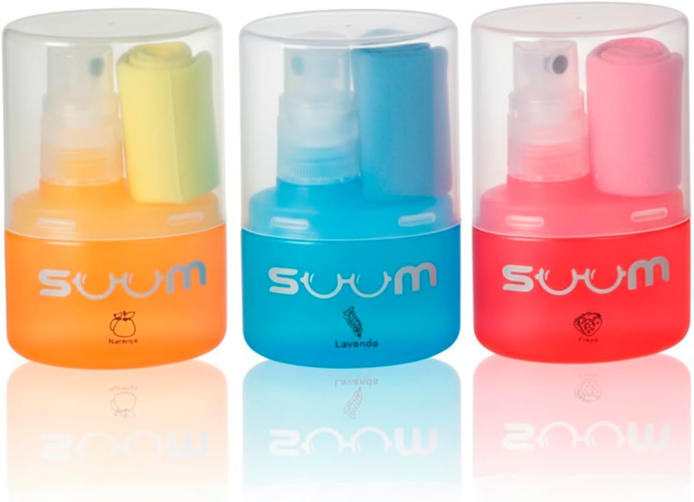 SUUM Confezione da 3 spray per la pulizia degli occhiali con panno in microfibra – Spray per la pulizia e l'appannamento di occhiali e schermi – Detergente per occhiali (fragola, lavanda e arancione)