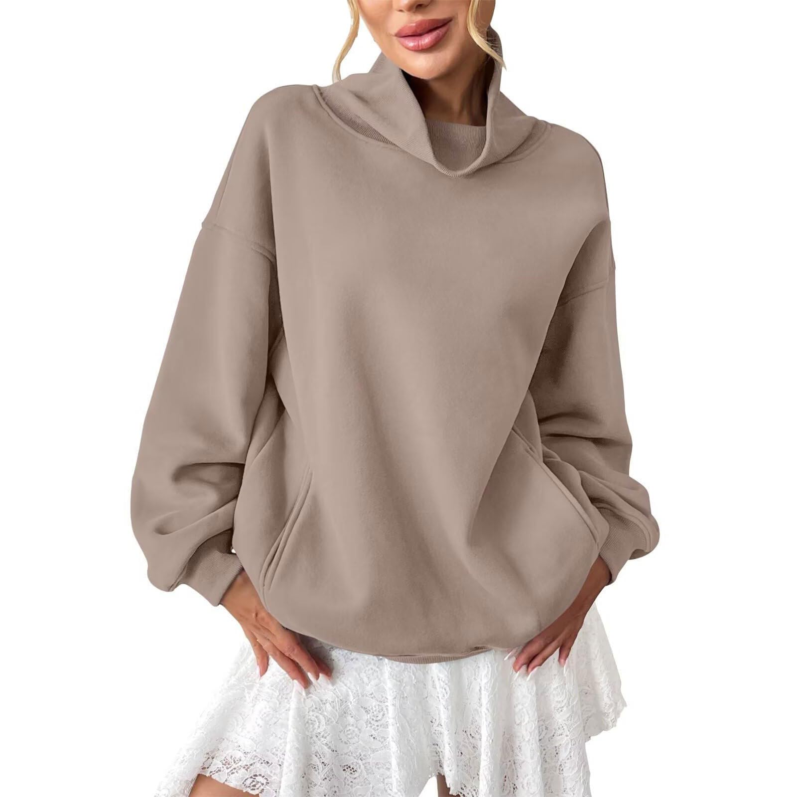 Sudadera de mujer sin capucha, sudadera con cuello alto y manga larga, tendencia de color liso, suéter cálido y cómodo, informal, salida, otoño e invierno