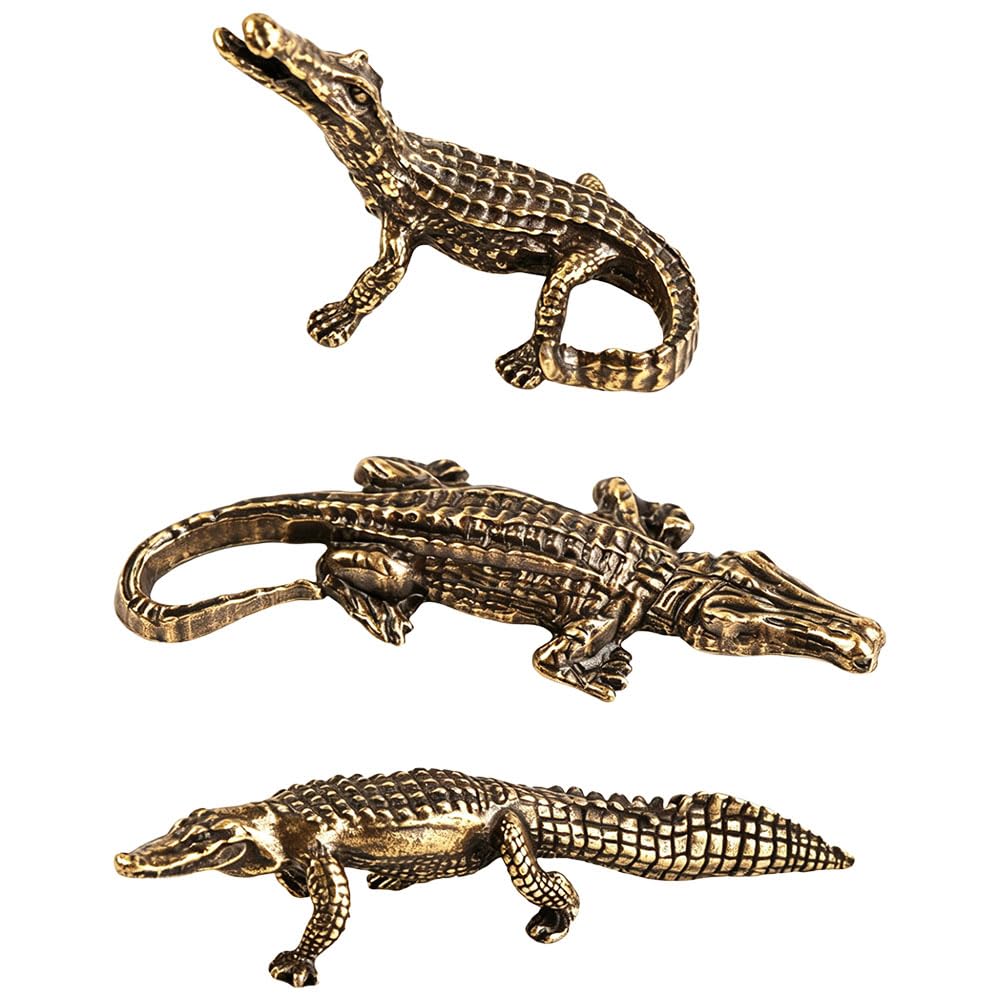 Jehoshaphat Aurichalceous 3Pcs Vintage Brass Crocodile Statues, Crawling Simulated Animal Sculptures, Mini Static Tea Pet Craft Ornaments For Household & Office Desktop Tabletop Layout Styling