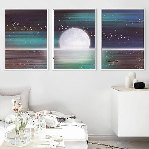 Miniatura 5 de Abstracto vasto extensión mar luna cielo estrellado barco pequeño hermoso lienzo pared arte sala de estar decoración carteles 20x30cmx3 sin marco