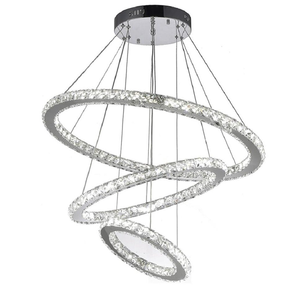 Flashing God K9 Really Crystal Dimmable LED Lighting Rings Chandelier Ceiling Lamp Fixtures Modern Pendant Light, 3000-6500 Kelvin.D7.8"+11.8"+15.7".
