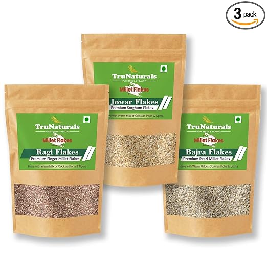 TruNaturals Ragi, Jowar & Bajra Millet Flakes Combo pack offer 300g x 3 | Finger millet, Sorghum, Pearl Millet Flakes Poha Combo | Millet flakes organic unpolished sugar free | Millet cereal breakfast