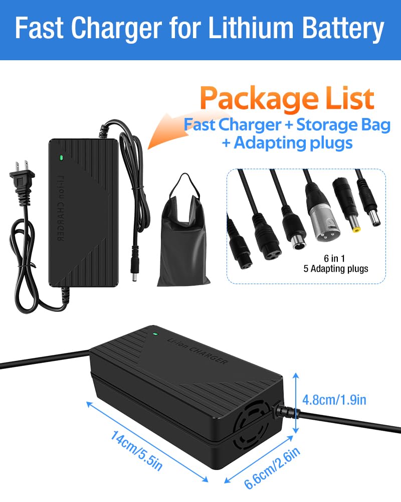 Chargeur 42 V 3 A/5 A avec 6 prises Convient pour toutes les batteries avec une tension complètement chargée de 42 V (tension nominale 36 V), y compris les batteries lithium pour tondeuse à