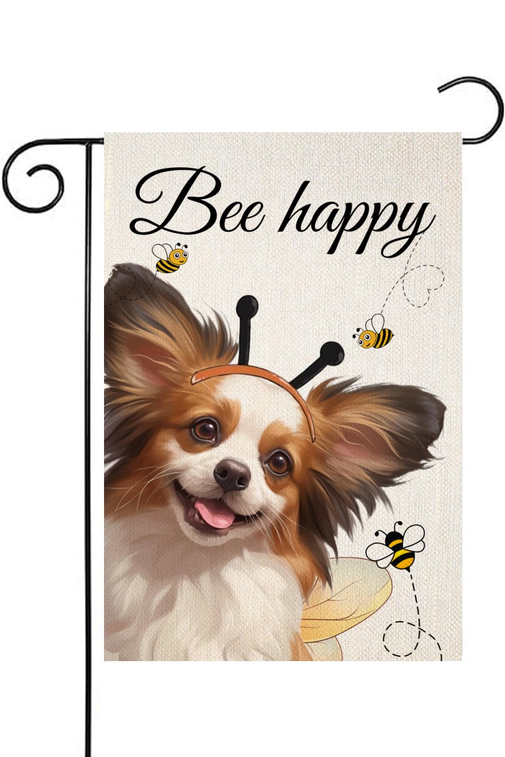 HILILIAN Papillon Bee Garden Flag 12x18 Inch Double Sided, Burlap Small Dog Bee Garden Yard House Flags Outside Outdoor Spring Summer Porch Lawn
