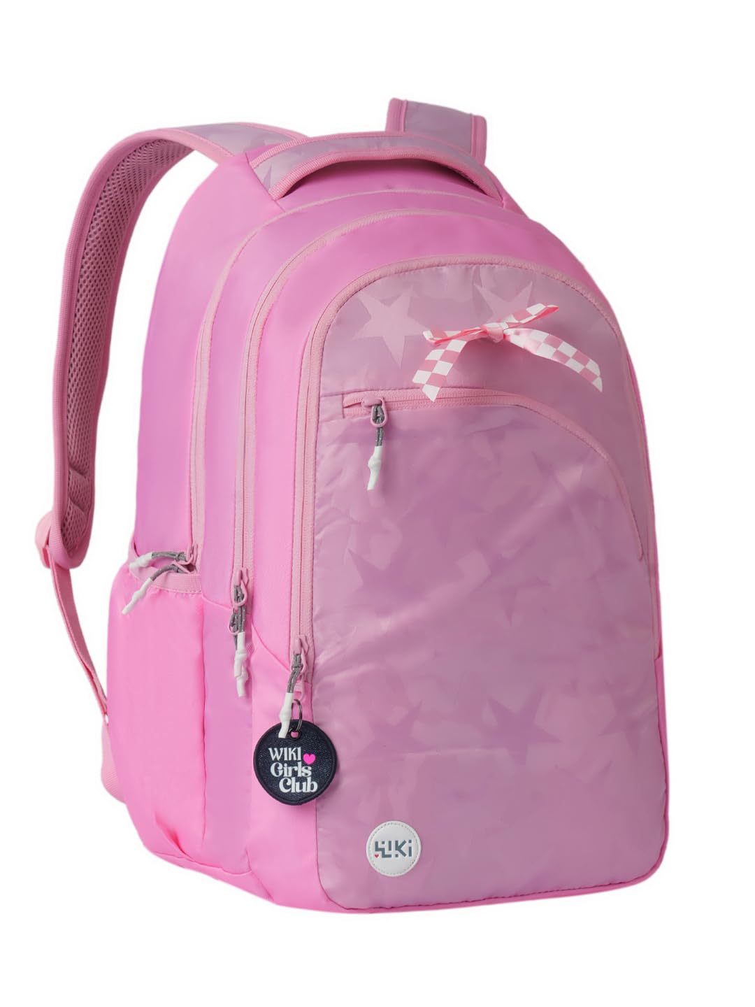 wiki charm 38 backpack for girls |19 in-38 ltr with laptop sleeve, diy kit, rain cover, key chain and three compartments with padded shoulders |best for books,stationery & essentials - pink