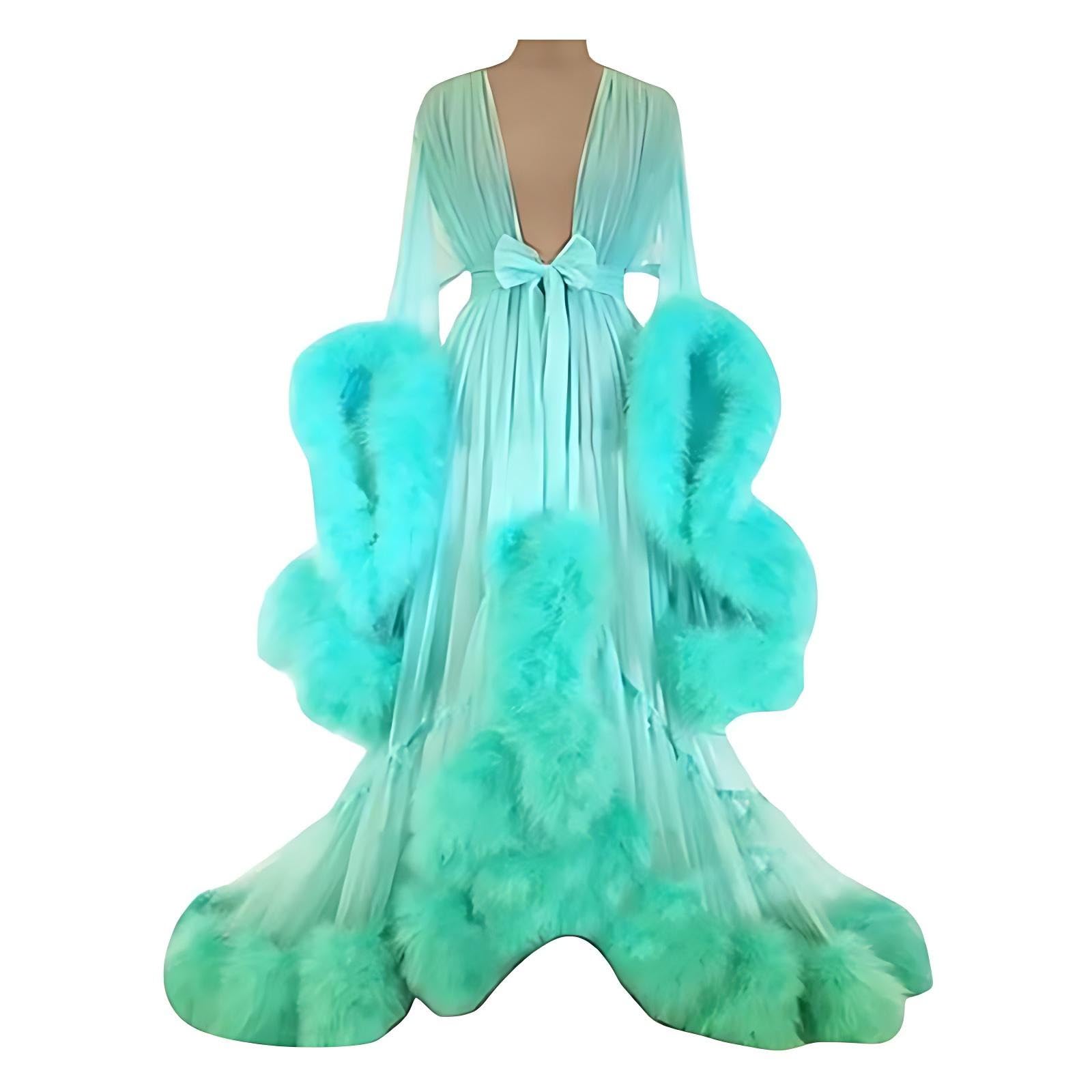 Generico Lingerie Abito di Piume Trasparenti con Maniche Svasate per Le Donne Prospettiva Vestaglia da Notte Set Abito con Vestaglia di Piume Lunghe One Size