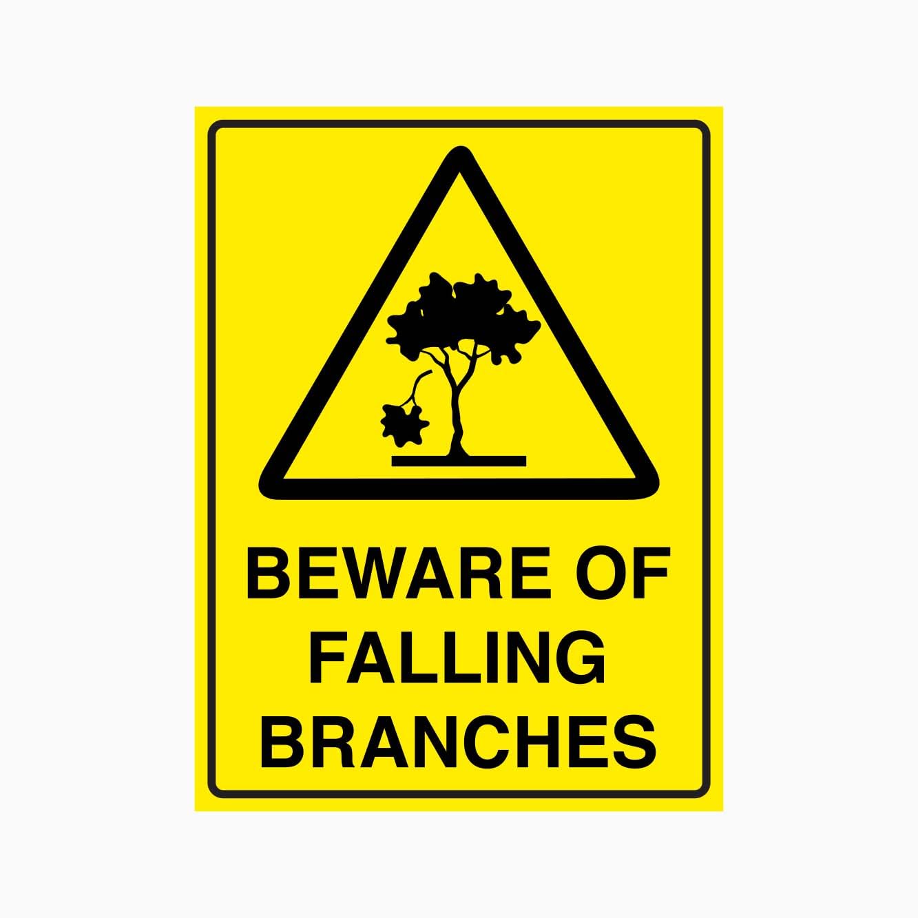 CAUTION BEWARE OF FALLING BRANCHES Sign, 12x8 Metal Tin Sign, outdoor hazard reminder for parks, roadside areas and public green spaces.