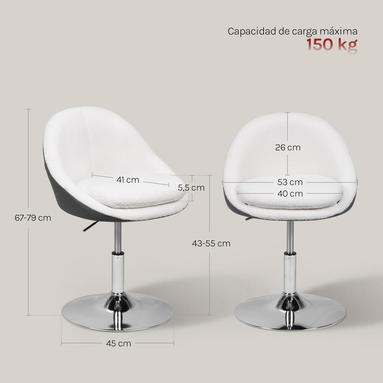 WOLTU Silla Tocador Maquillaje, Taburete de Tocador con Respaldo PU, Silla Giratoria 360°, Altura Ajustable, Funda de Tejido Polar Teddy, para Vestidor Dormitorio Estudio, Carga 150 kg, Blanco+Gris