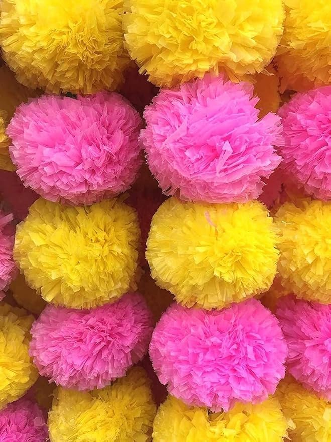 Brikshi Artificial Marigold Flowers for Decoration Long Marigold Garlands for Decoration Indian genda phool for Wedding & Festival |5 Feet Long (Pink & Yellow, Pack of 5)