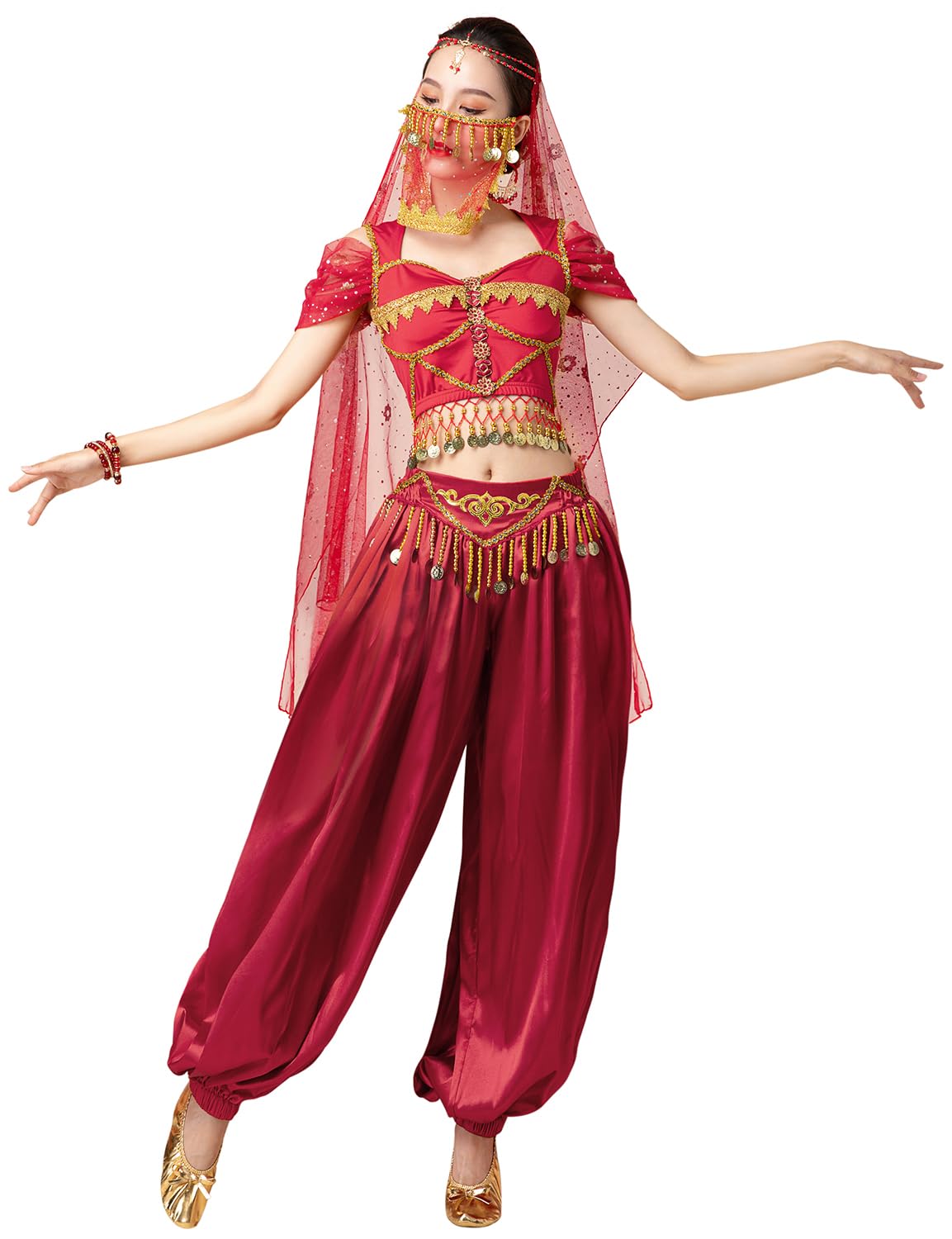 ELLYDOORArabian Jasmine Costume for Women Princess Dress Up Halloween Belly Dance Top Pants 4 Piece Outfit