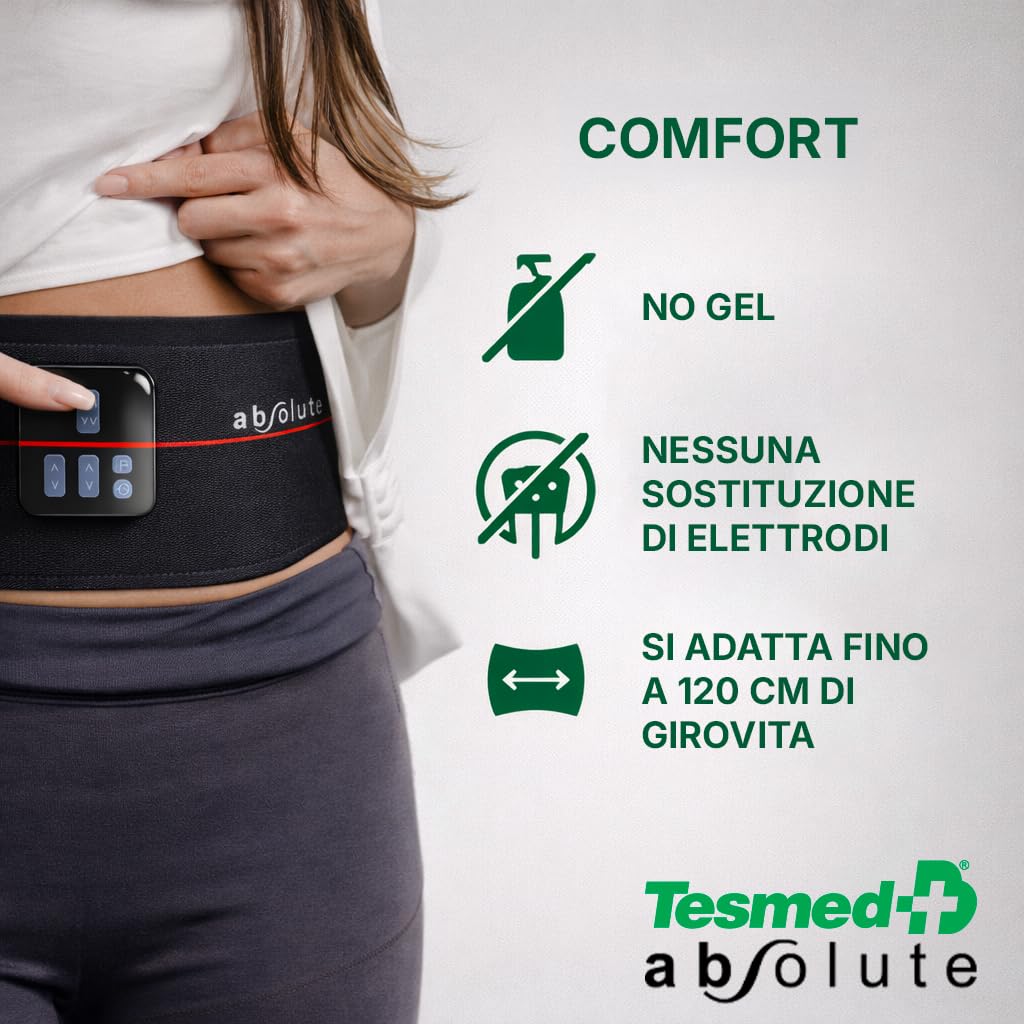 TESMED Absolute: Cintura Addominale EMS, Elettrostimolatore per Addominali Centrali e Laterali – Ricaricabile, 99 Intensità – Allenamento e Tonificazione Muscolare – Made in Italy