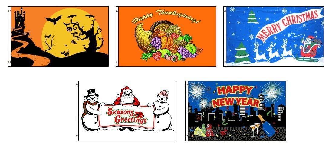 3x5 Seasonal Holiday 5 Flag Bundle Wholesale Set 3'x5' Halloween Tday Xmas NYE