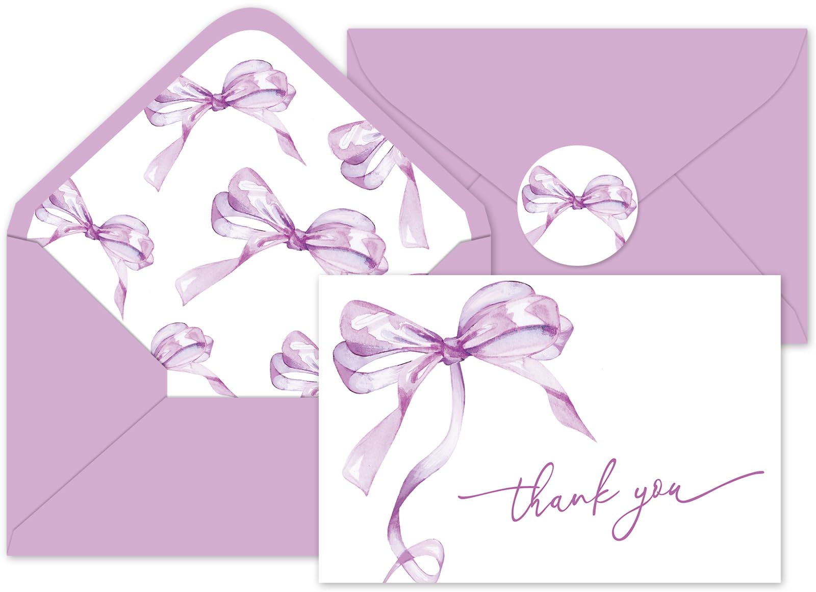Whaline 24Pcs Purple Bow Thank You Cards with Envelopes and Stickers Watercolor Bow Lavender Greeting Card Purple Blank Note Card for Wedding Party