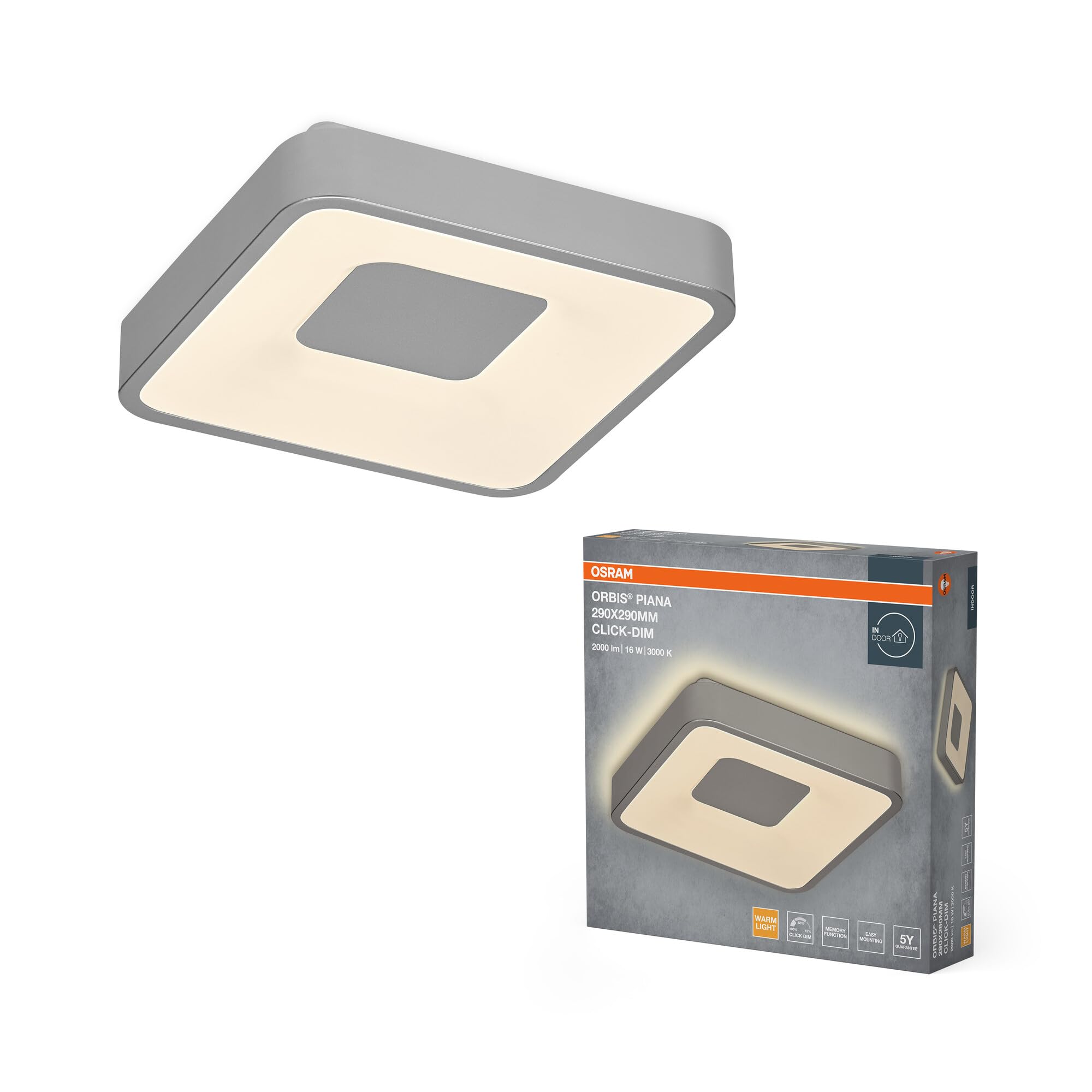 Osram ORBIS Piana LED Ceiling Light 290mm, 16W, 3000K Warm White, Click-DIM, Silver, Metal, IP20