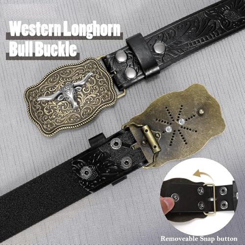 Western Genuine Leather Belt Longhorn Bull Buckle Cowgirl Style3