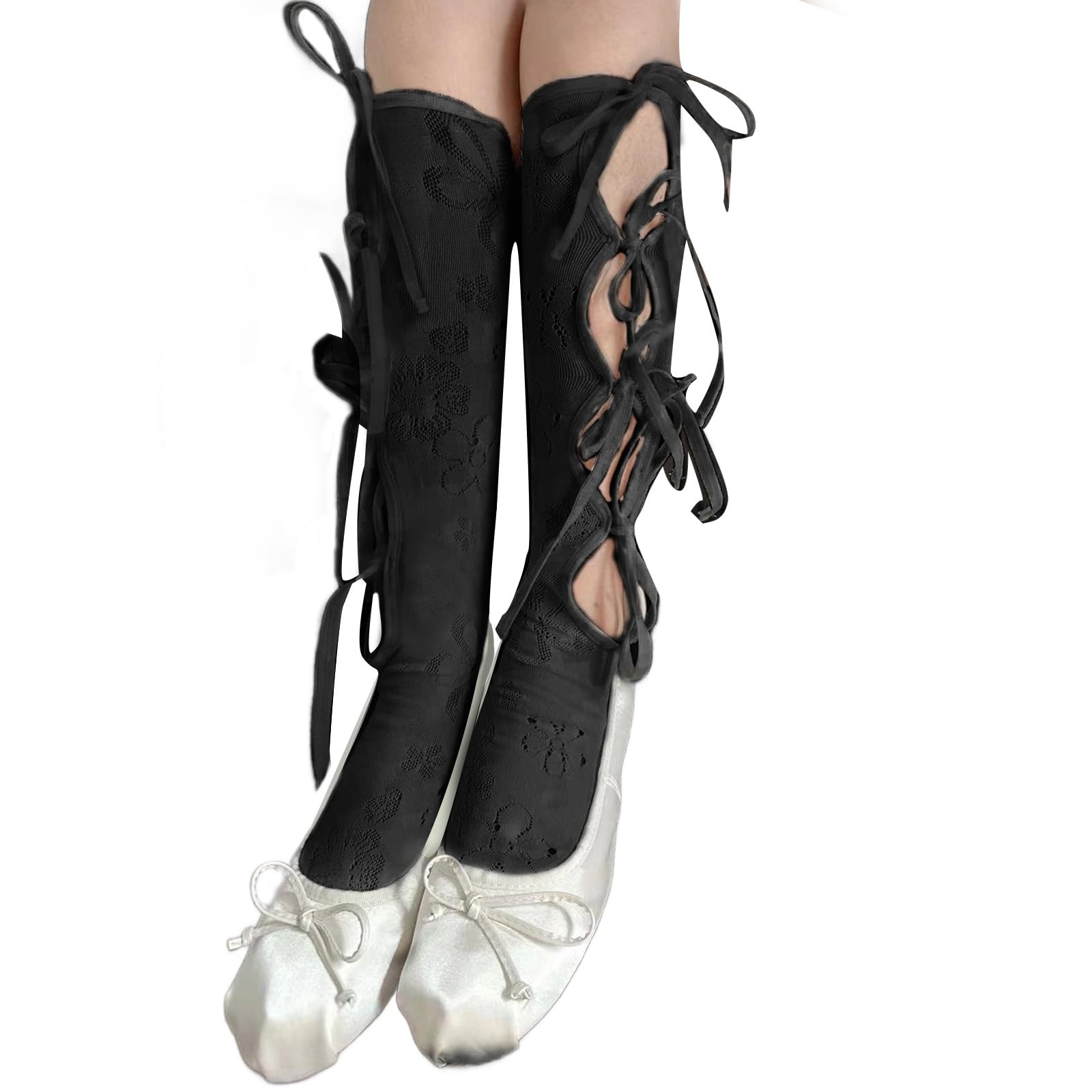 Yugshnkfc Unisex Black Hollowed Out Ties Up Strap Middle Calf Socks Punk Floral Net Pattern Bowknot Long Stockings Aesthetic Fashion Hosiery Punk Floral Net Socks