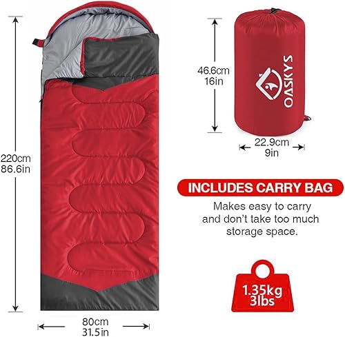 Miniatura 2 de oaskys Saco de dormir para campamento, 3 estaciones, clima cálido y fresco, verano, primavera, otoño, ligero, impermeable, para adultos y niños,