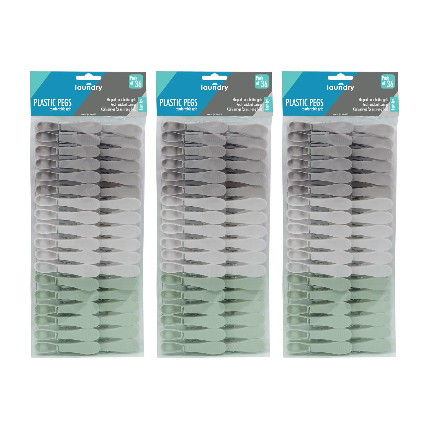JVL 36 Pack Small Plastic Clothes Pegs – Pack of 3 (108 Total Pegs) – Assorted Colours