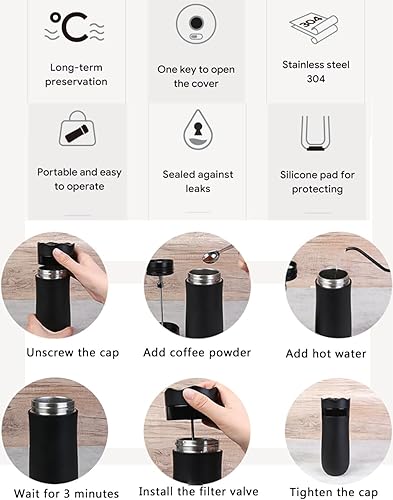 Miniatura 5 de Walktosun Cafetera de viaje de prensa francesa portátil, doble acero inoxidable con aislamiento al vacío, taza de café con filtro de doble