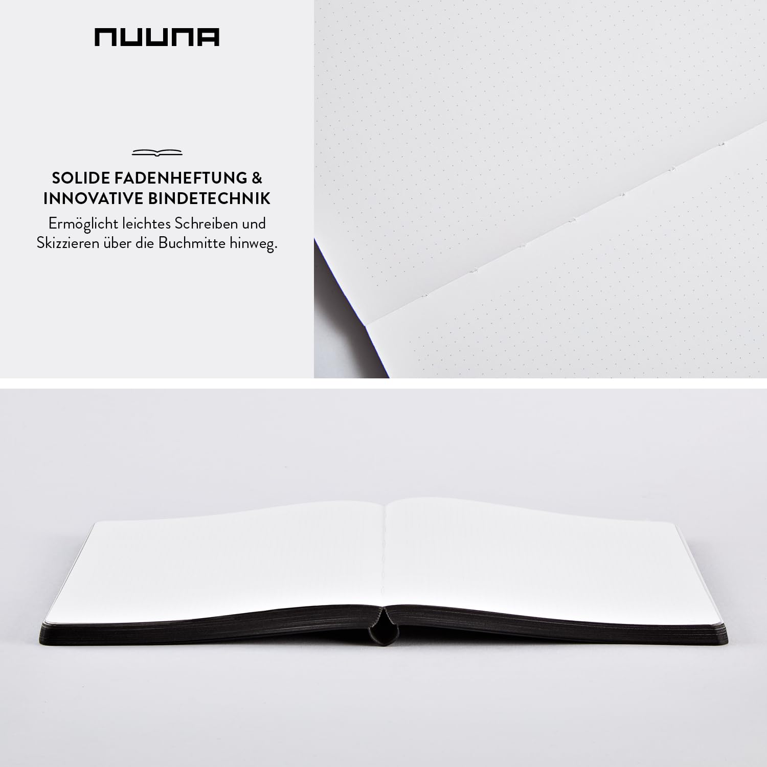 Nuuna Notizbuch A5+ | Voyager L - Schwarz | Dotted | 3,5mm Punktraster | 256 nummerierte Seiten | 120g Premium-Papier | Leder schwarz | mit Stift- und Smartphonehalterung | made in Germany