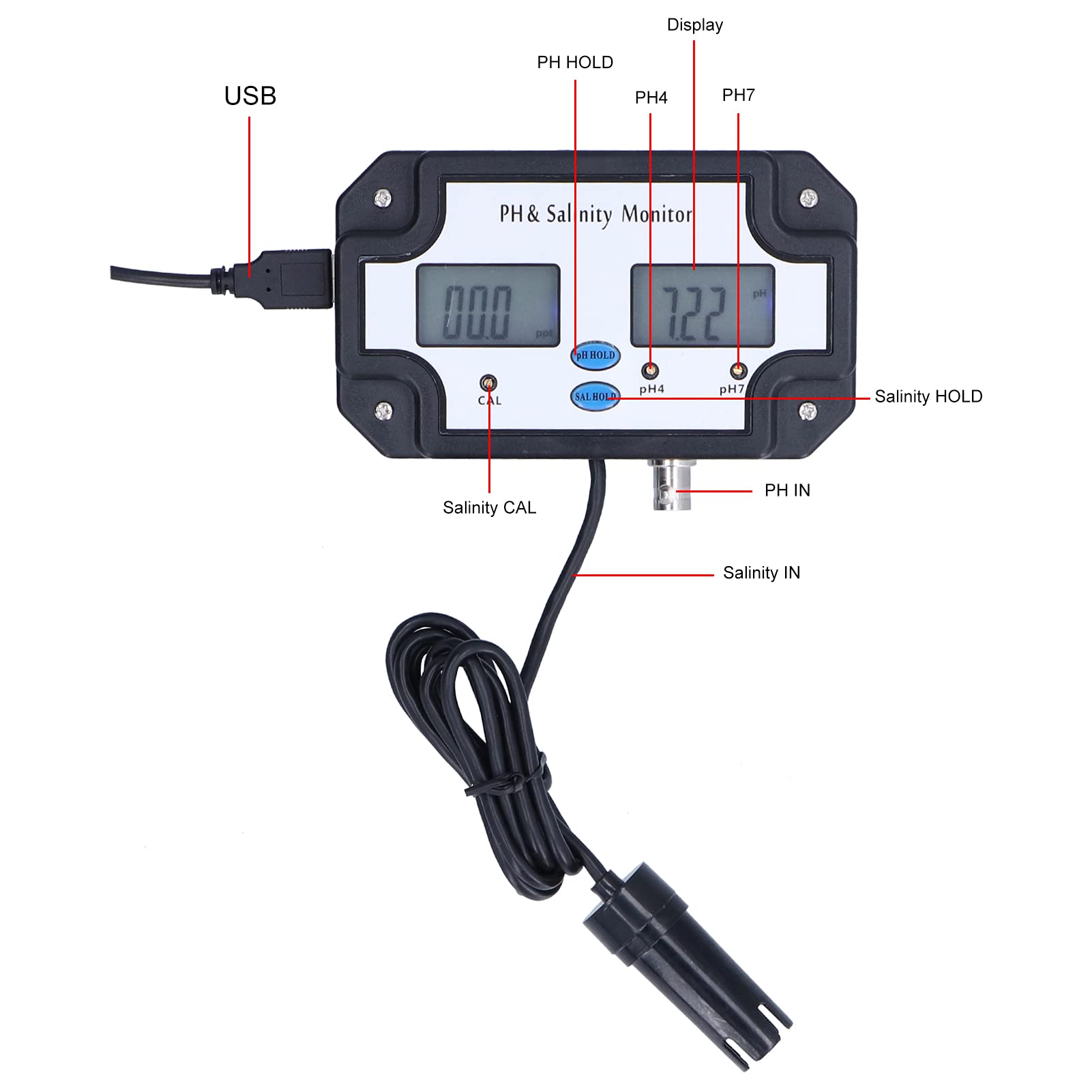 Alvinlite Tester della qualità dell'Acqua, Monitor idroponico Professionale PH‑2685 DC 6V Mini ATC per salinità PH ad Alta precisione(230V)